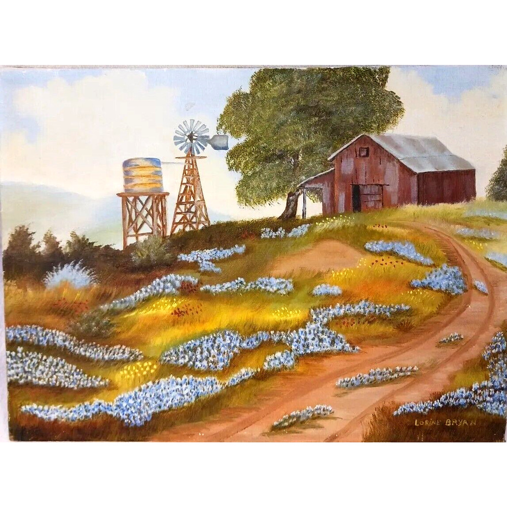 Oil‎ Painting Canvas Barn Windmill Country 16x12 Hills Landscape by Lorine Bryan
